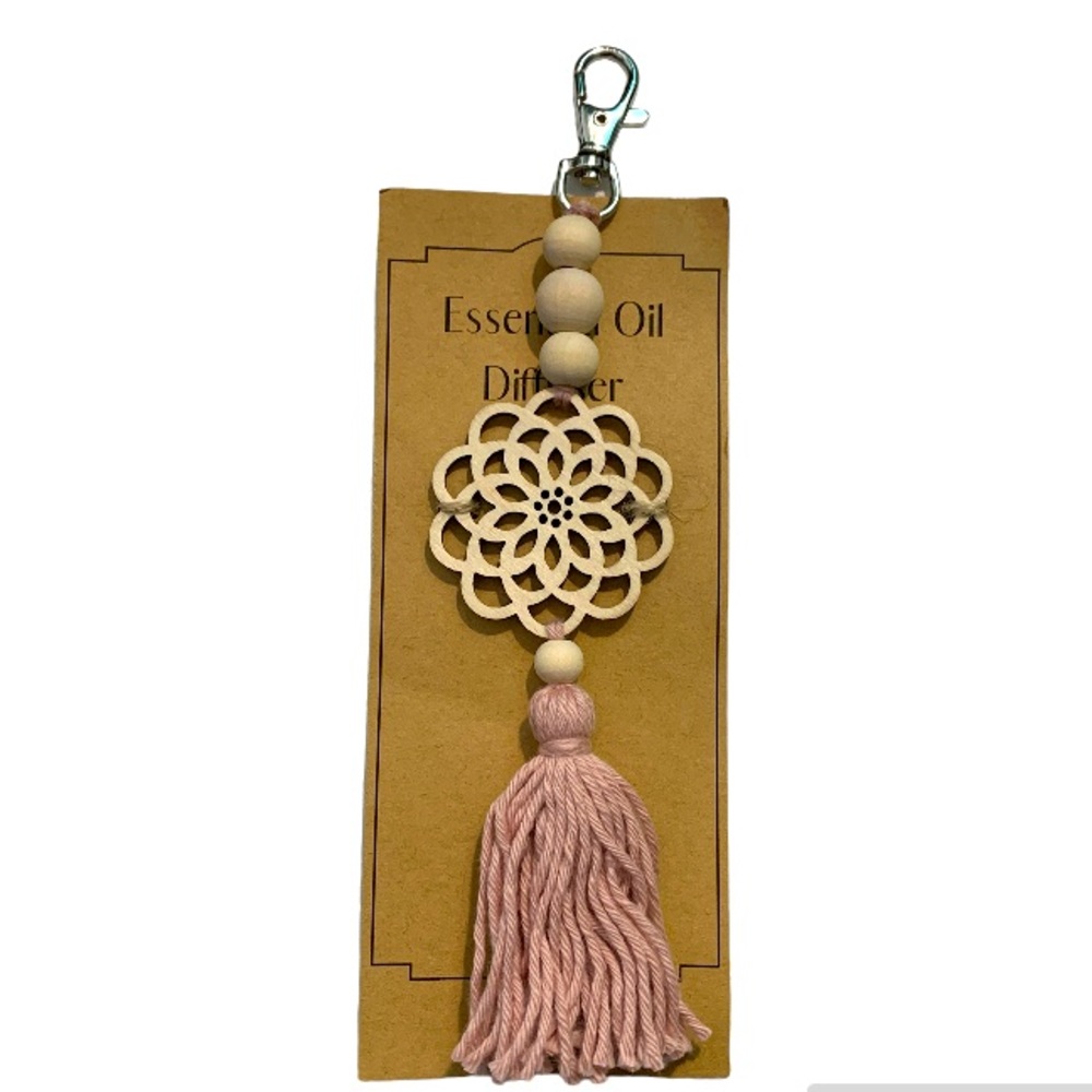 Essential Oil Mandala Keychain Diffuser with Wooden Beads and Pink Yarn Tassle